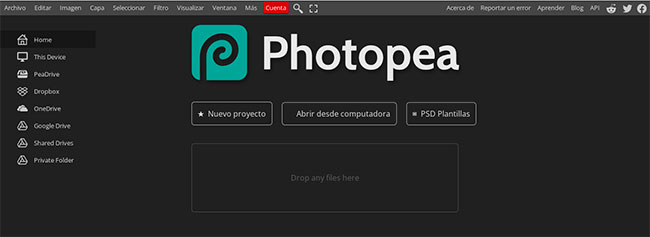 pagina principal de Photopea